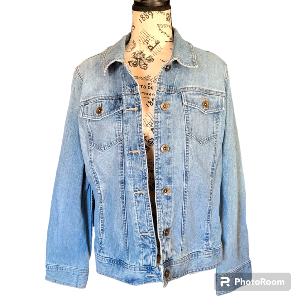 style co womens medium wash denim stretch jeans y2k button up jacket size large